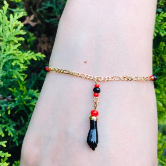 14K Gold Filled Women's Azabache Bracelet Good Luck 7.5" / Figaro Link Bracelet - Picture 3 of 4